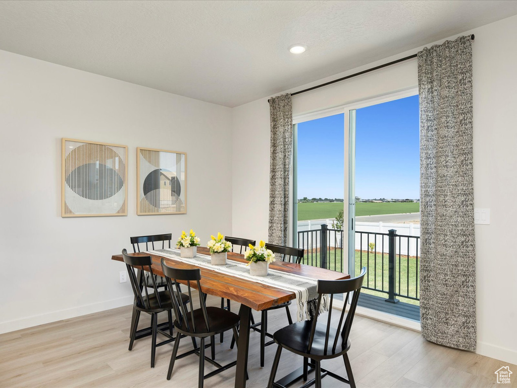 Dining room with light hardwood / wood-style flooring and a healthy amount of sunlight