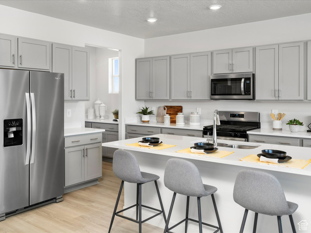 Kitchen featuring a textured ceiling, gray cabinets, stainless steel appliances, and light hardwood / wood-style flooring