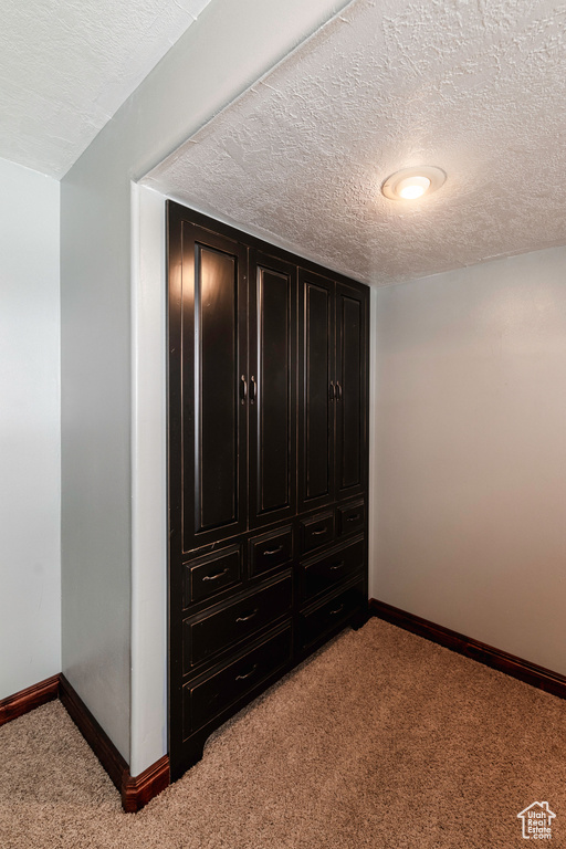 Interior space with carpet floors and a textured ceiling