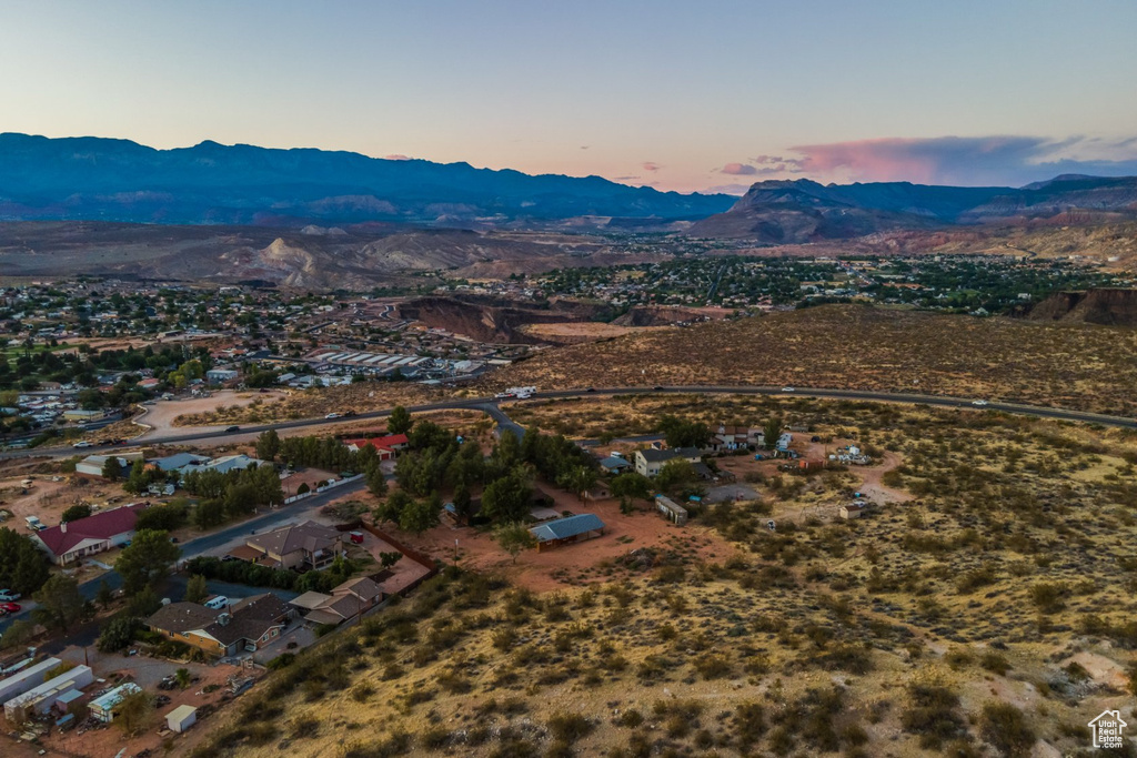 Aerial view at dusk with a mountain view