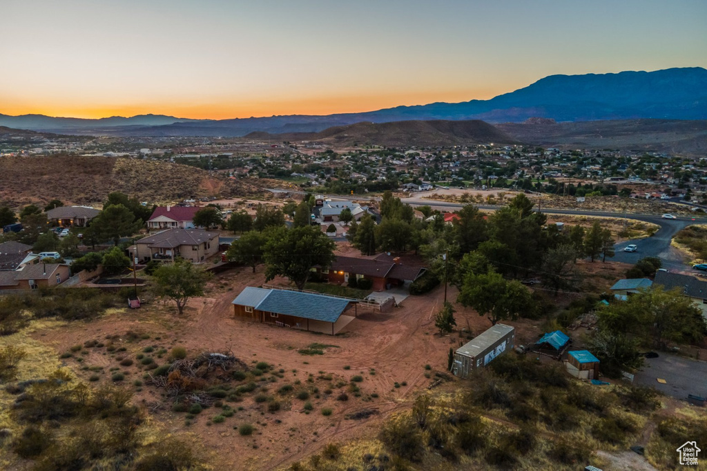 Aerial view at dusk with a mountain view