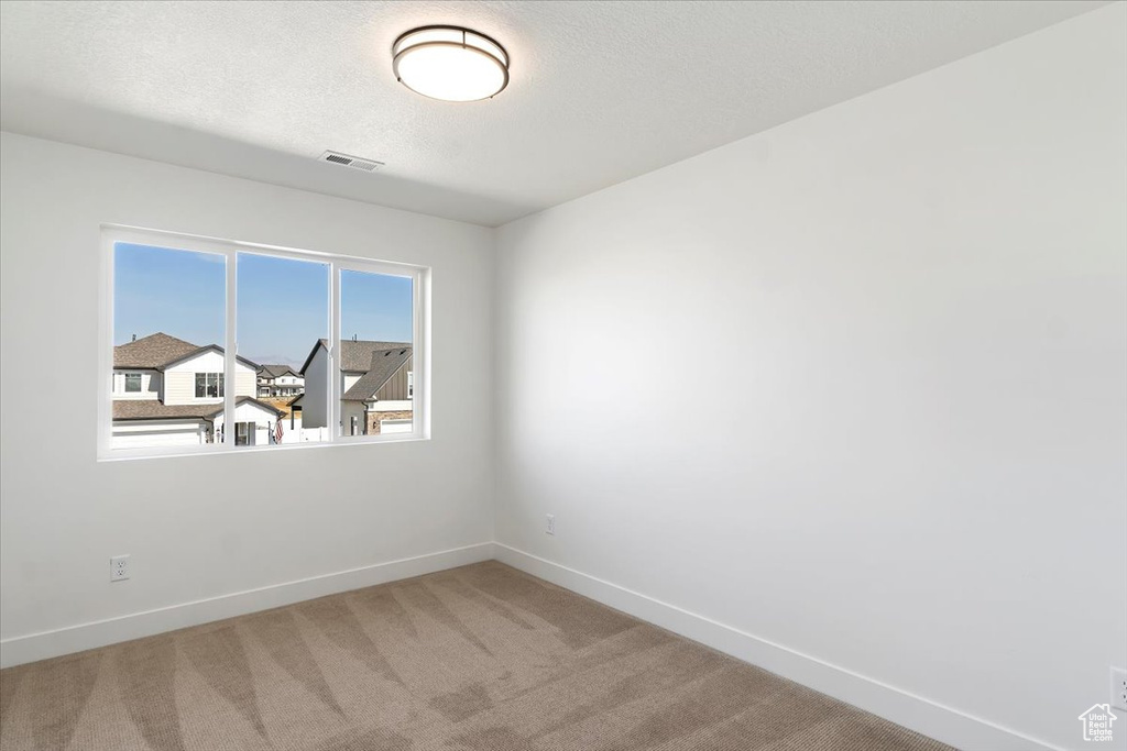 Carpeted spare room with a textured ceiling