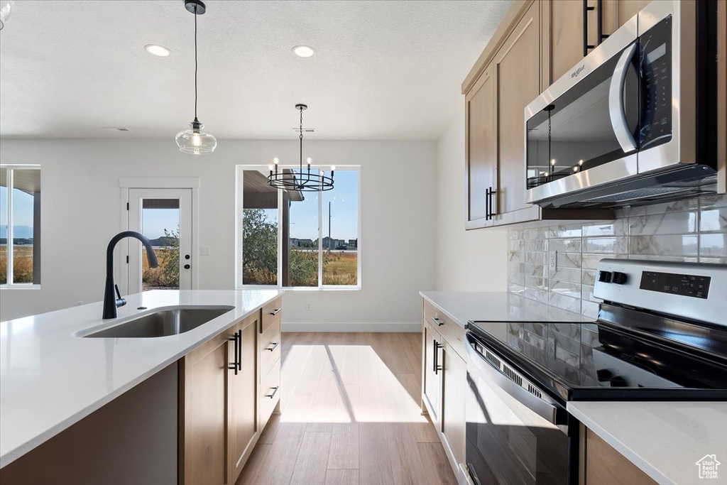 Kitchen with light hardwood / wood-style floors, decorative backsplash, pendant lighting, sink, and stainless steel appliances