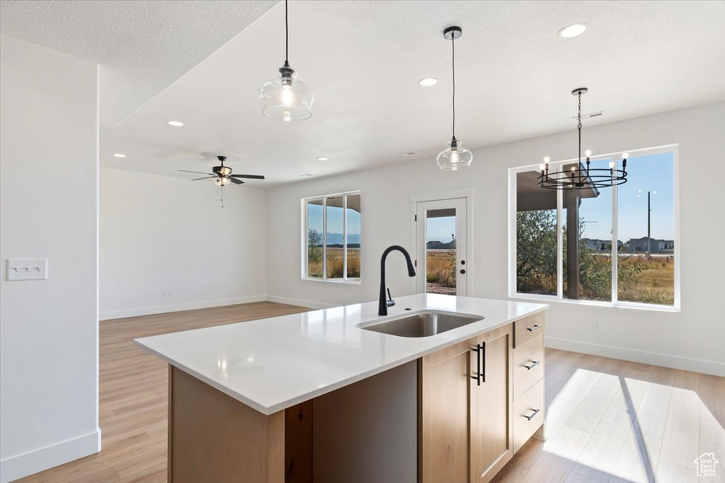 Kitchen with an island with sink, a healthy amount of sunlight, and sink