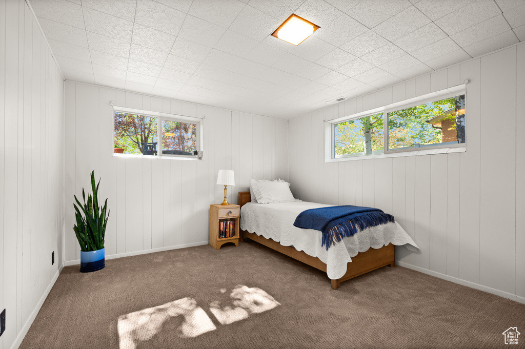 Carpeted bedroom with wood walls and multiple windows