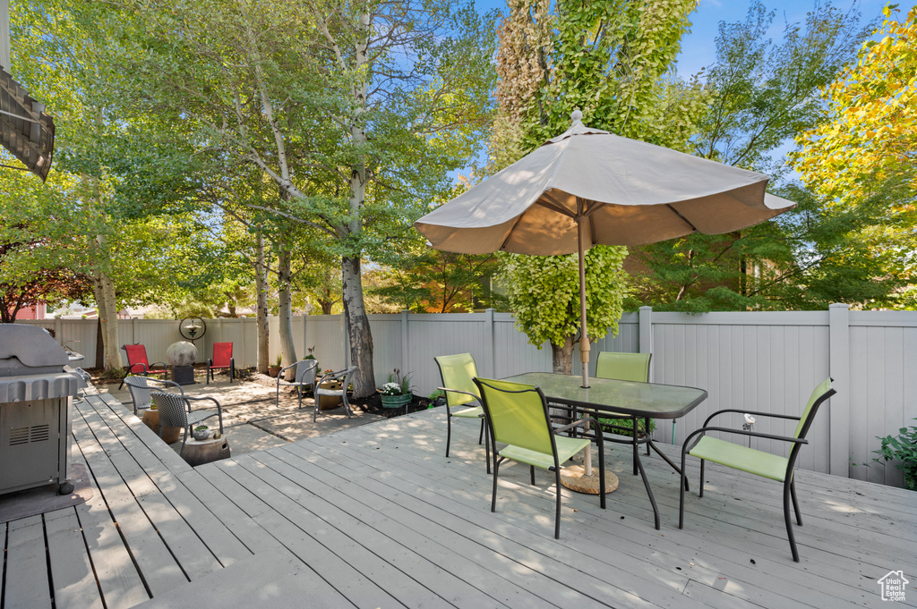 Deck featuring an outdoor fire pit and a grill