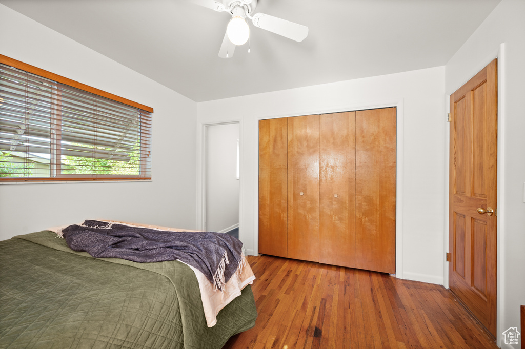 Bedroom featuring ceiling fan, hardwood / wood-style flooring, and a closet