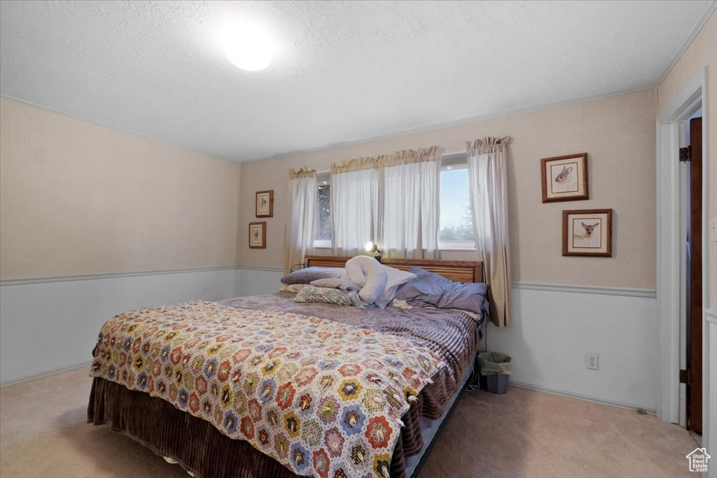 Bedroom featuring light colored carpet and a textured ceiling