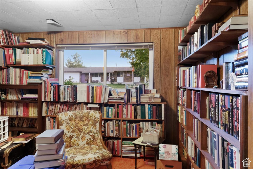 Living area with carpet floors and wooden walls