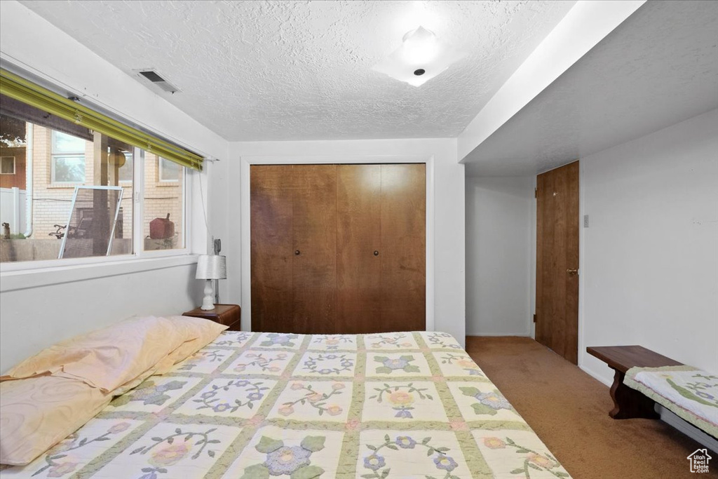 Carpeted bedroom featuring a closet and a textured ceiling