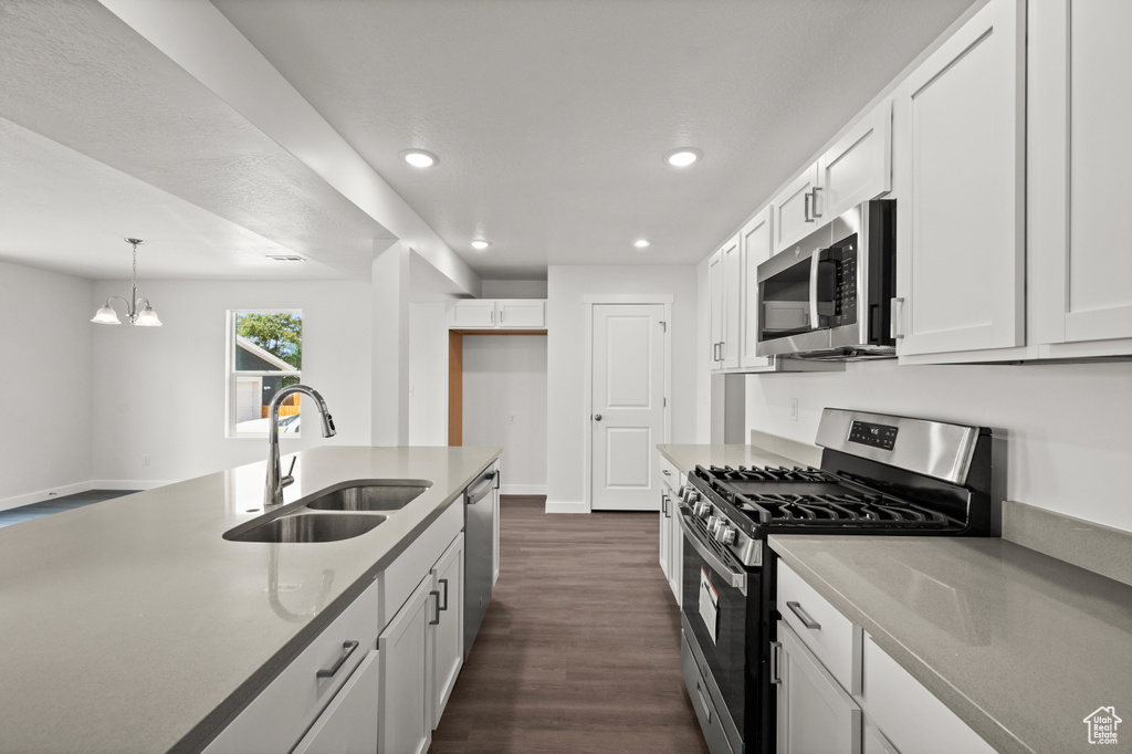 Kitchen featuring dark hardwood / wood-style flooring, sink, stainless steel appliances, and white cabinets