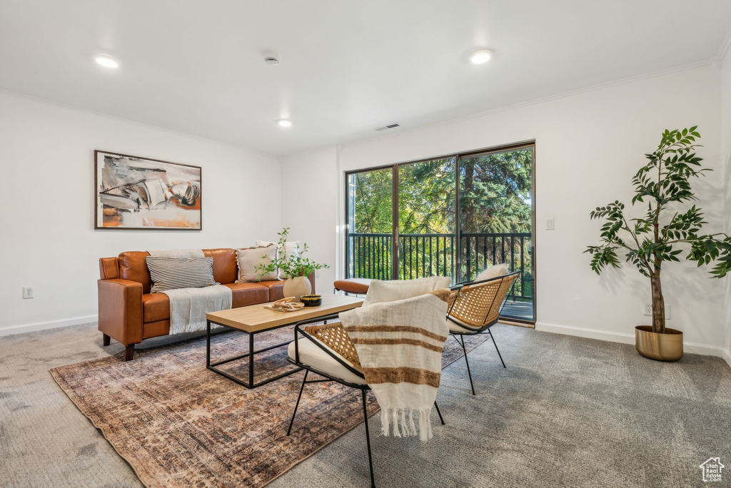 Carpeted living room with crown molding