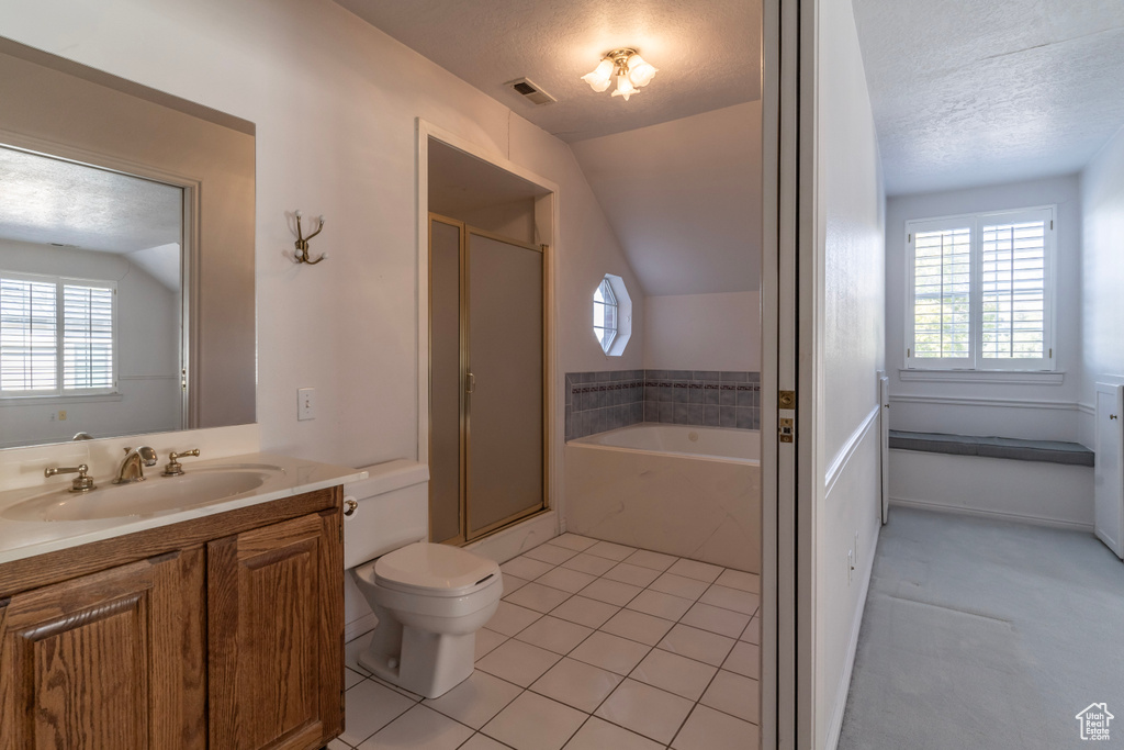 Full bathroom featuring vanity, lofted ceiling, and a textured ceiling