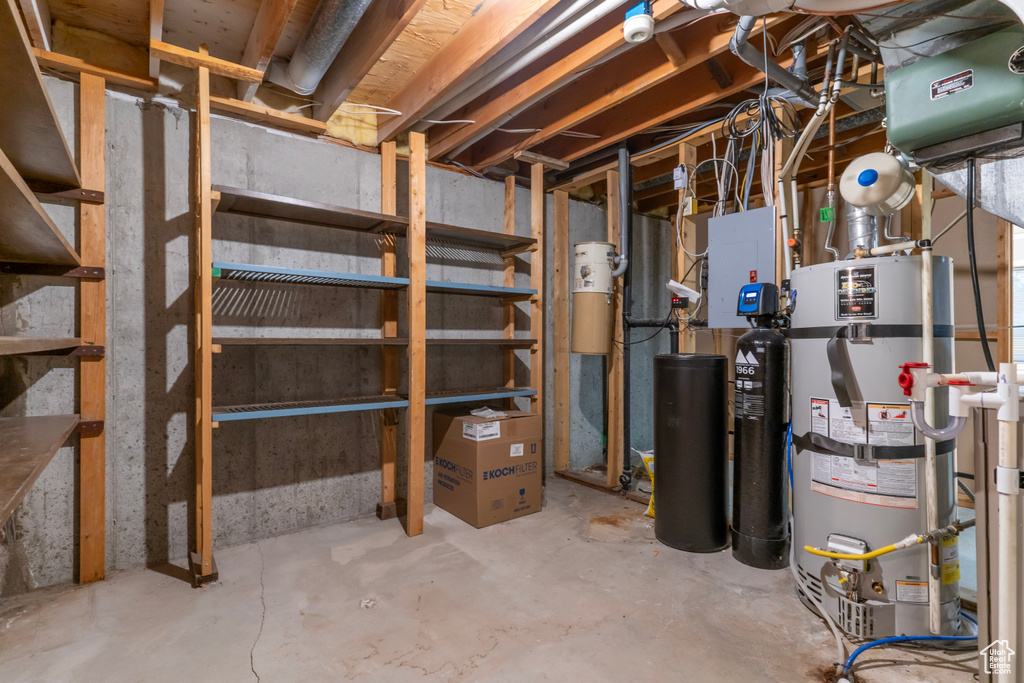 Basement with electric panel and secured water heater