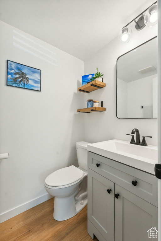 Bathroom featuring vanity, toilet, and hardwood / wood-style floors