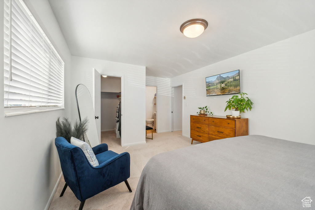 Bedroom featuring a closet, a spacious closet, light colored carpet, and connected bathroom