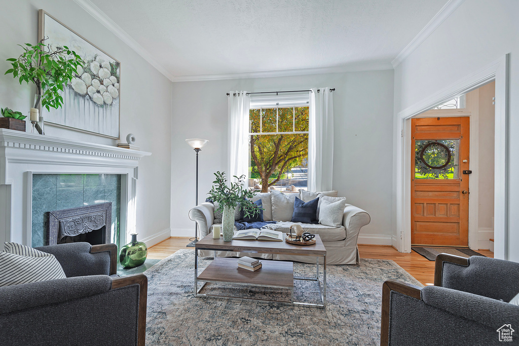 Living room with light hardwood / wood-style floors, ornamental molding, and a tiled fireplace