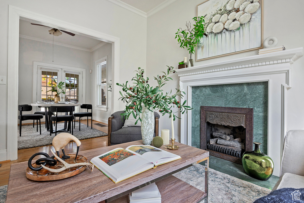 Living room with crown molding, a fireplace, wood-type flooring, and ceiling fan