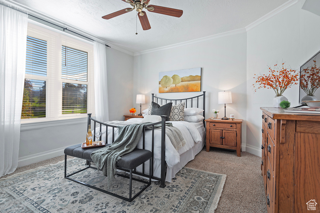 Carpeted bedroom featuring crown molding, a textured ceiling, and ceiling fan