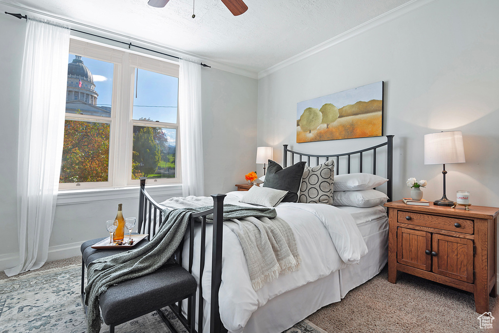 Carpeted bedroom featuring ornamental molding, a textured ceiling, and ceiling fan