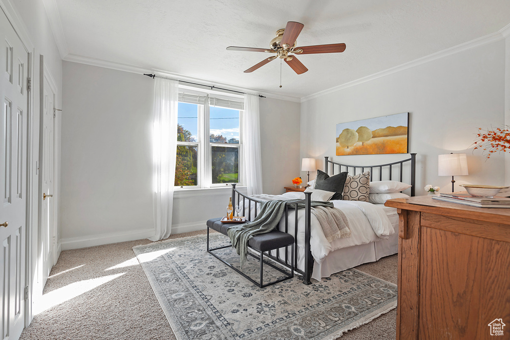 Carpeted bedroom featuring ornamental molding and ceiling fan