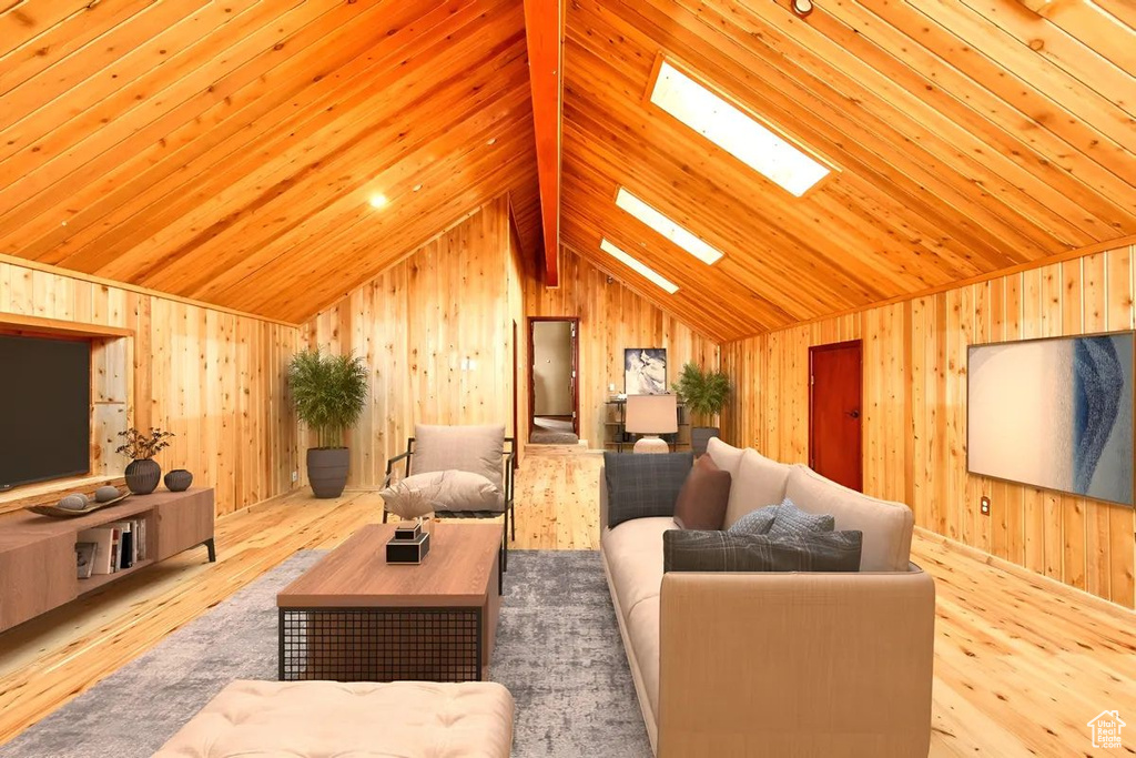 Living room with lofted ceiling, wood ceiling, light wood-type flooring, and wood walls