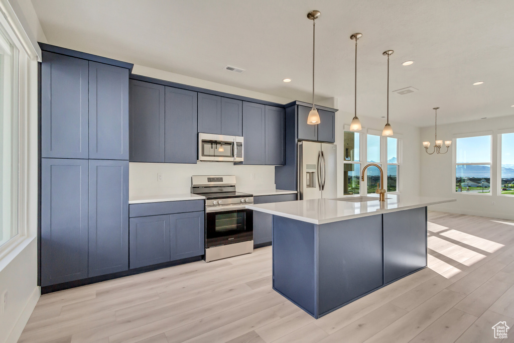 Kitchen with sink, light wood-type flooring, stainless steel appliances, pendant lighting, and a kitchen island with sink