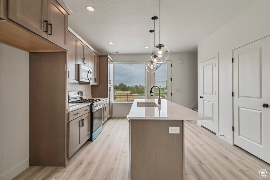 Kitchen featuring appliances with stainless steel finishes, an island with sink, light wood-style flooring, and a sink
