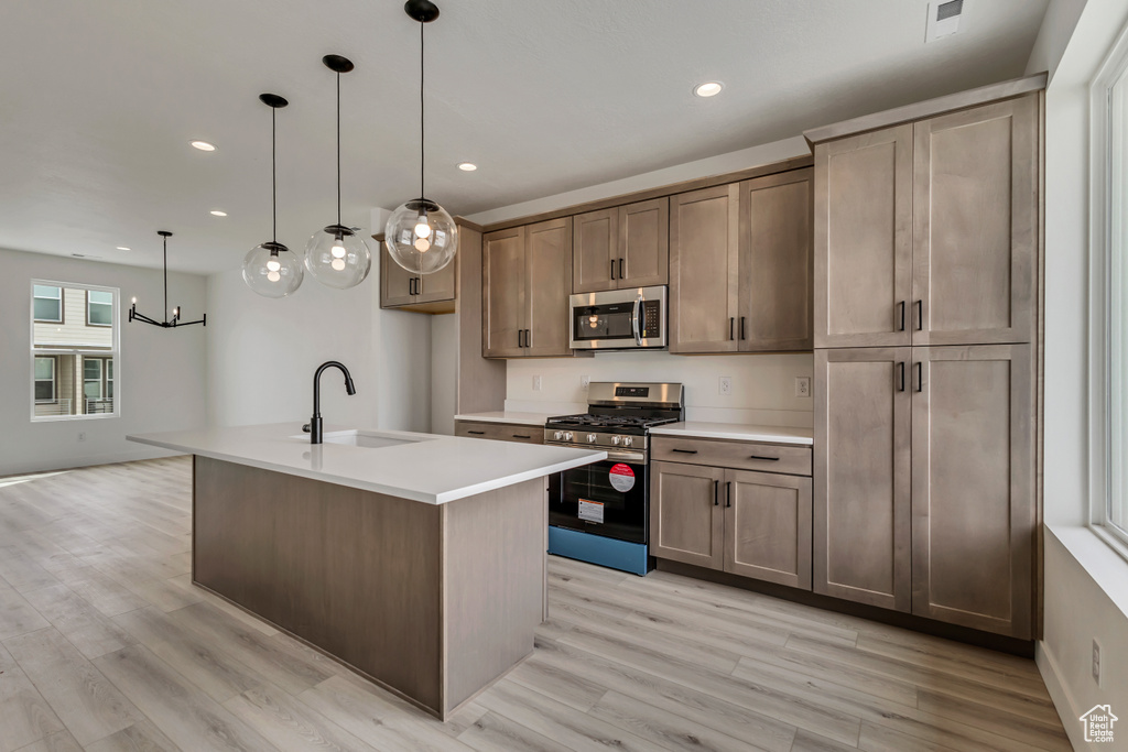 Kitchen with appliances with stainless steel finishes, recessed lighting, light wood-style flooring, and a sink