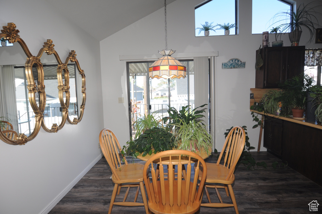 Dining room with high vaulted ceiling and dark hardwood / wood-style floors