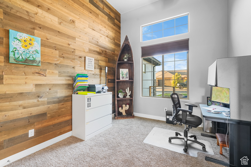 Office space featuring wood walls, a high ceiling, and carpet floors