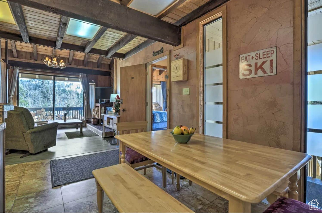 Dining room featuring a notable chandelier, wooden walls, beam ceiling, and wooden ceiling