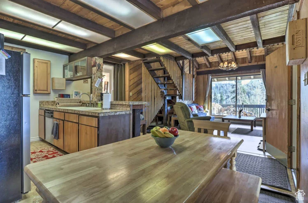 Dining room featuring wood walls, wooden ceiling, beam ceiling, a notable chandelier, and sink