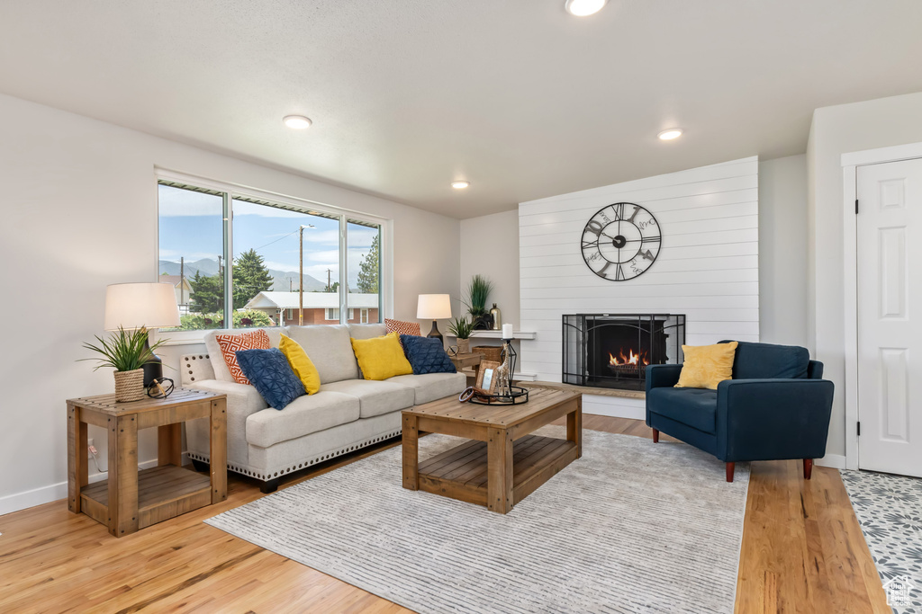 Living room with a fireplace and light hardwood / wood-style floors