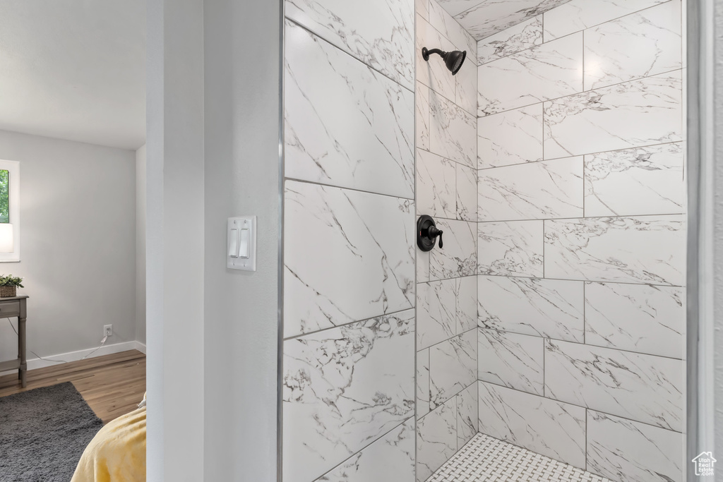 Bathroom with a tile shower and hardwood / wood-style floors