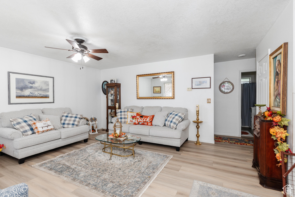 Living room featuring light hardwood / wood-style flooring, a textured ceiling, and ceiling fan