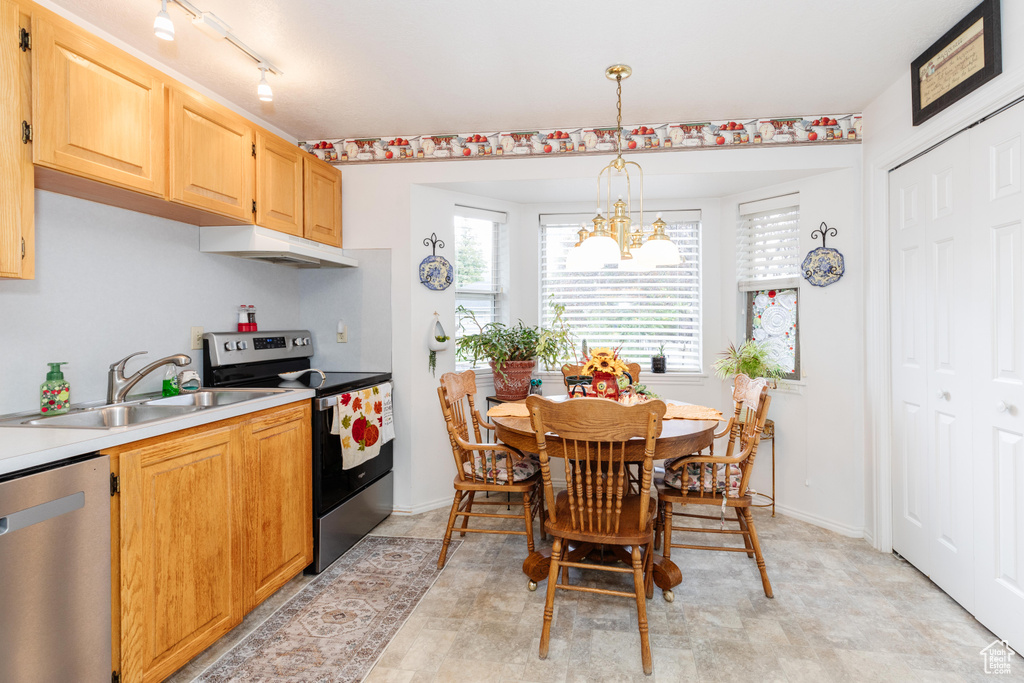 Kitchen with hanging light fixtures, rail lighting, appliances with stainless steel finishes, a chandelier, and sink