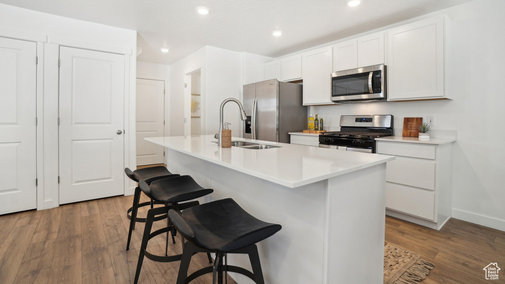 Kitchen featuring sink, a kitchen island with sink, stainless steel appliances, and dark hardwood / wood-style floors