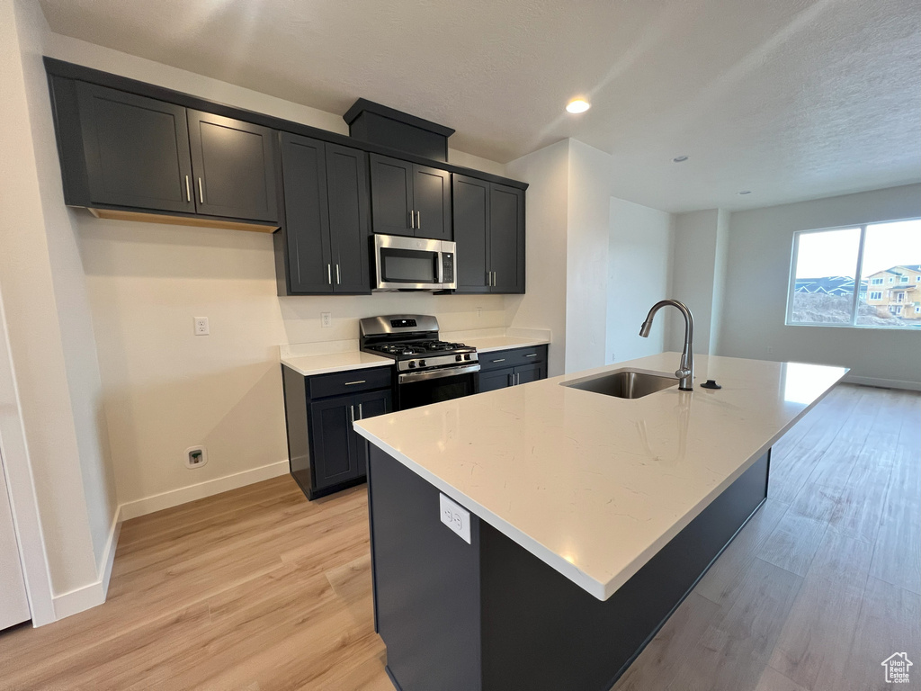 Kitchen featuring sink, appliances with stainless steel finishes, light hardwood / wood-style flooring, and an island with sink