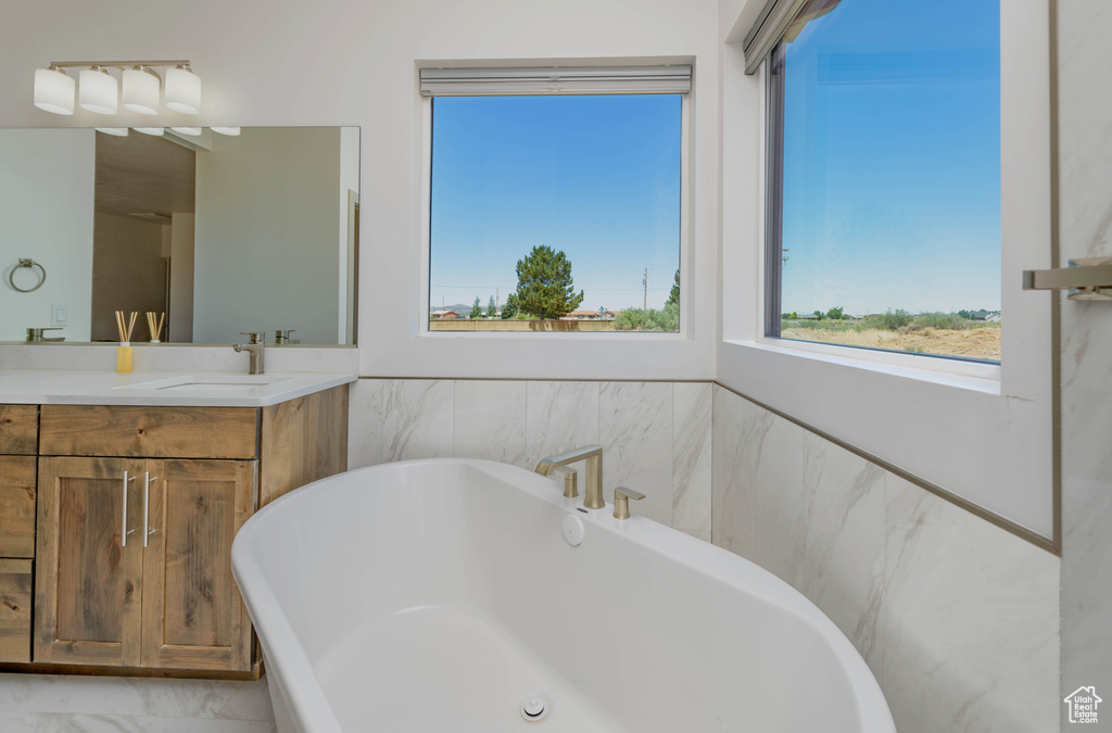 Bathroom featuring vanity and a washtub