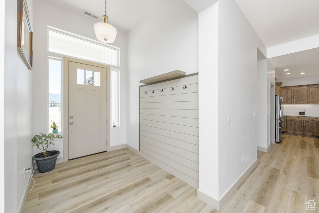 Foyer entrance with light hardwood / wood-style flooring