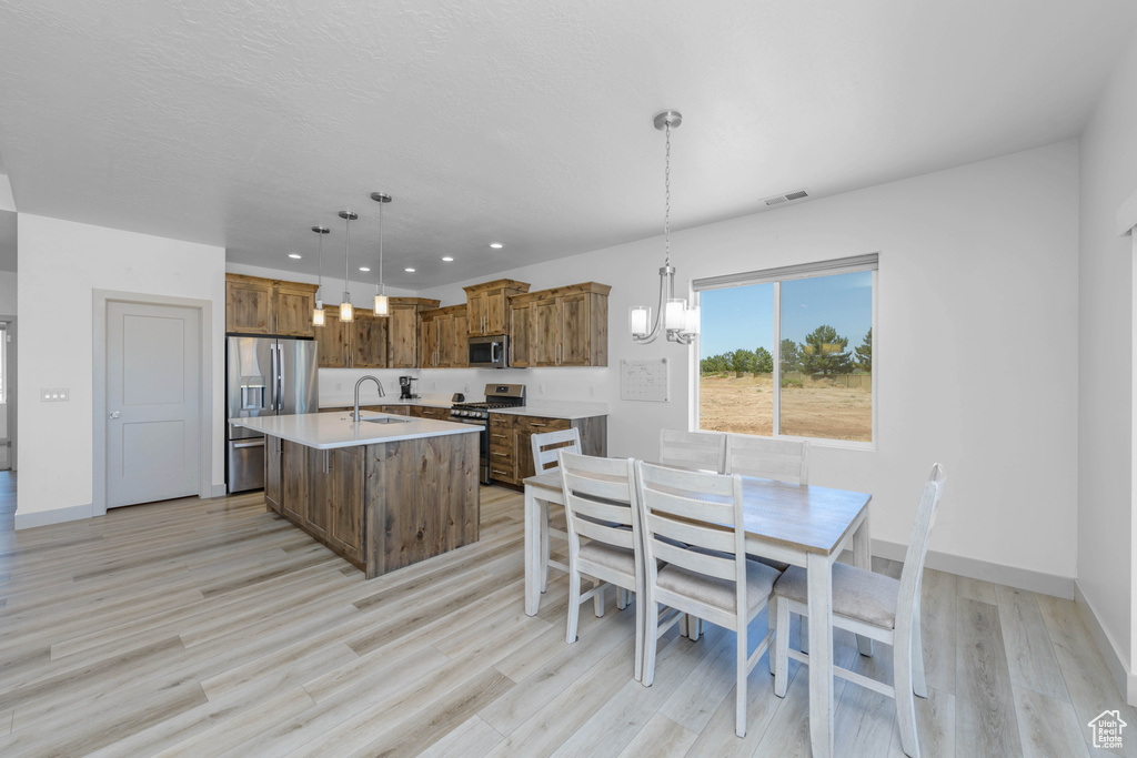 Kitchen featuring appliances with stainless steel finishes, sink, pendant lighting, light hardwood / wood-style flooring, and a kitchen island with sink