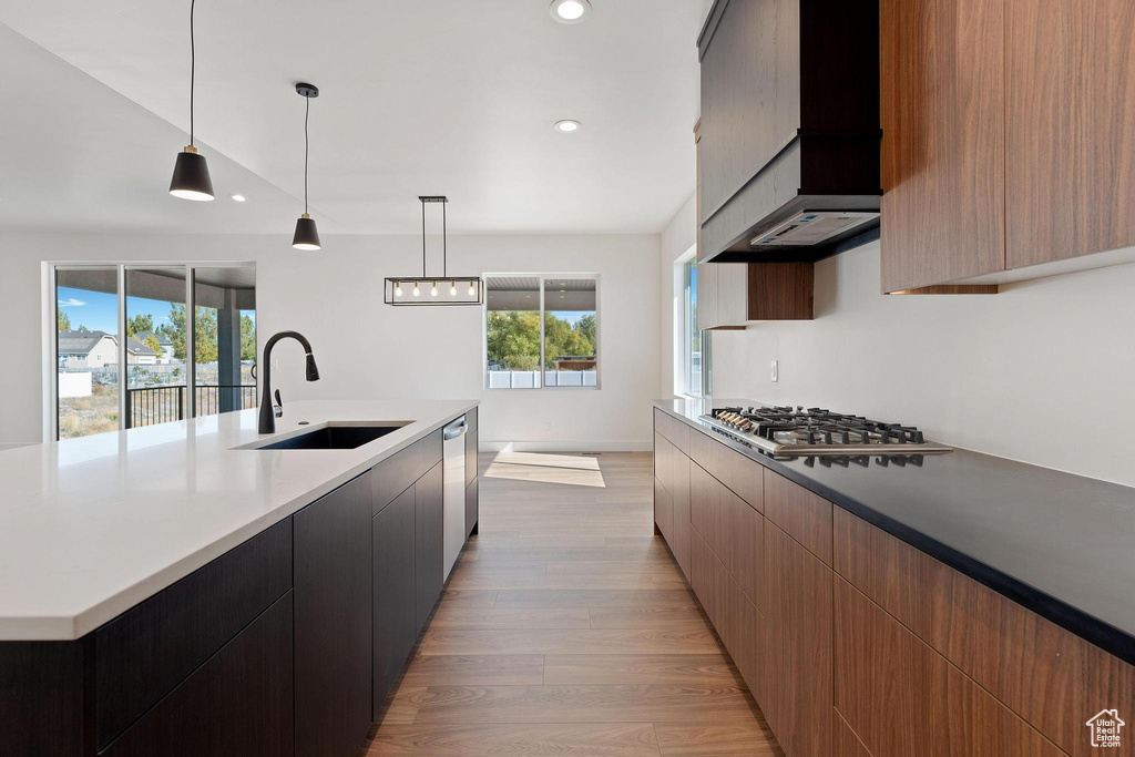 Kitchen featuring appliances with stainless steel finishes, custom range hood, sink, and pendant lighting