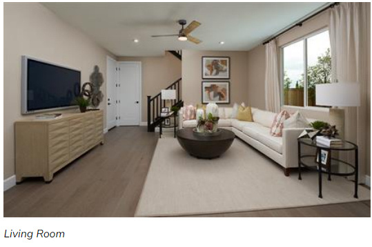 Living room featuring wood-type flooring and ceiling fan