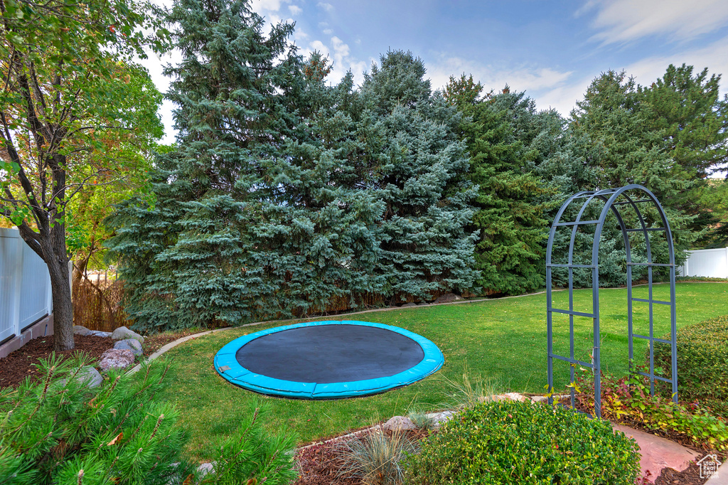 View of yard featuring a trampoline