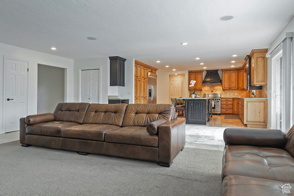 Living room with light carpet