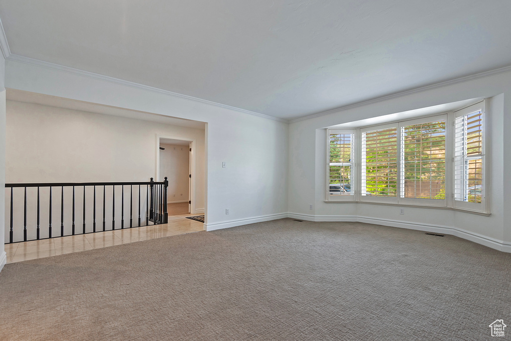 Carpeted spare room with crown molding