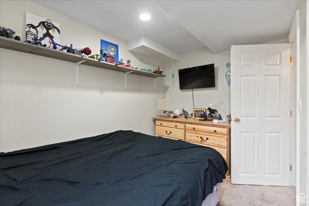 Bedroom with light carpet