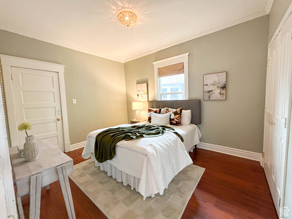 Bedroom with ornamental molding and dark hardwood / wood-style flooring