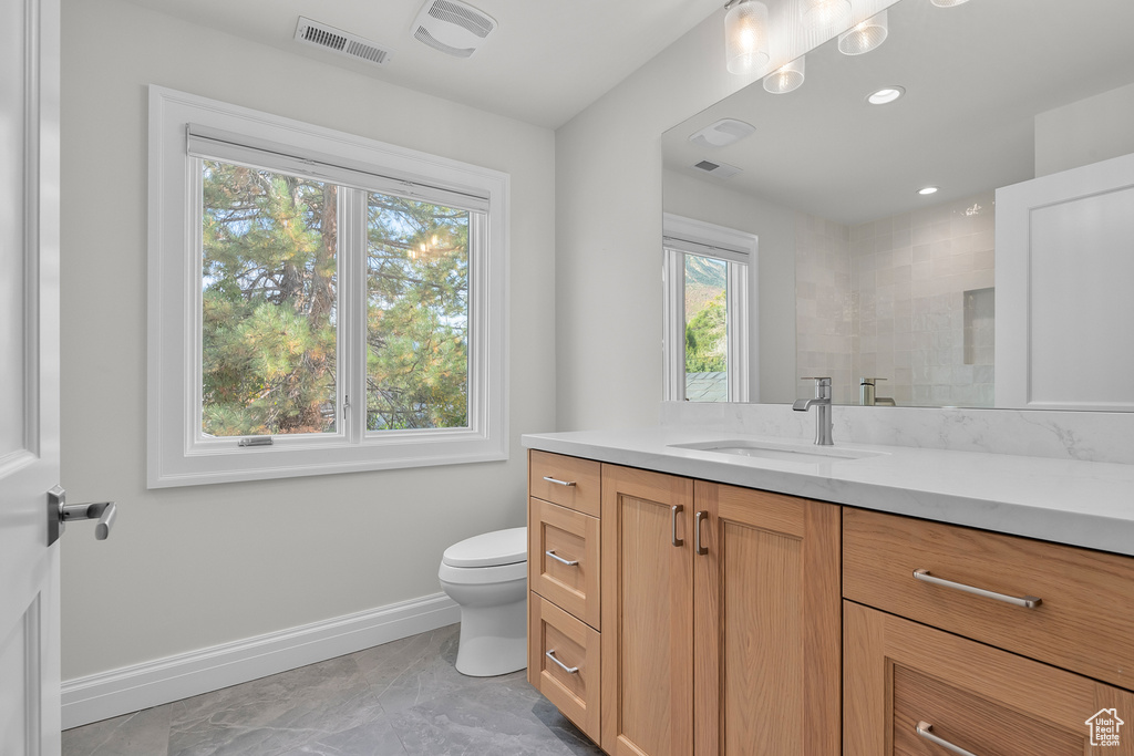 Bathroom with vanity, toilet, a tile shower, and plenty of natural light